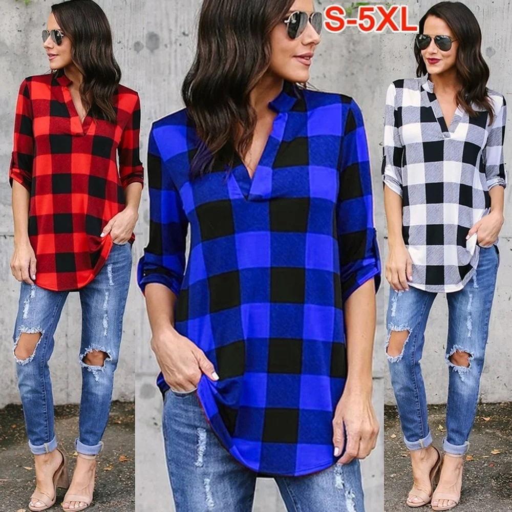 

Zogaa Plus Size Women Causal Shirt Blouse Long Sleeve Lattice Tops Simple Loose Sexy Deep V-neck Pullover Ladies Plaid Shirts