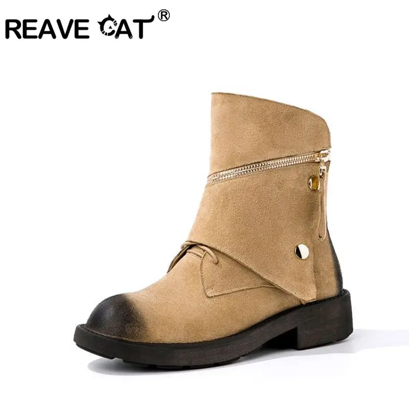 

REAVE CAT Genuine cow Leather low heels Hiking boots Woman retro ankle boots Designed Punk shoes motorcycle riding shoes