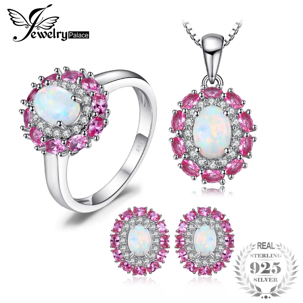 

JewelryPalace Fashion Created White Opal Pink Sapphire Cluster Halo Ring Pendant Necklace Jewelry Sets 925 Sterling Silver New