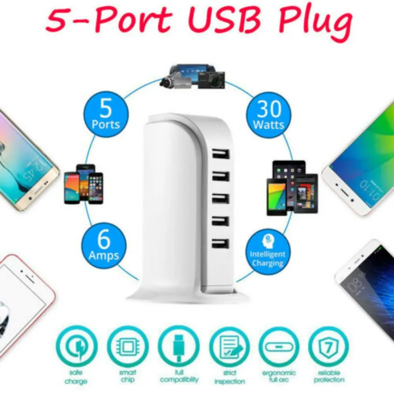 

Multi 5 USB Port Desktop Charger Rapid Tower Charging Station Power Adapter 30W