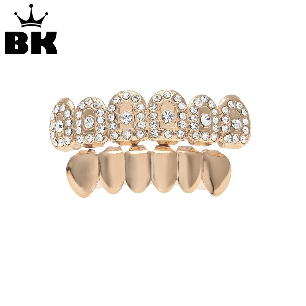 Хип-хоп Bling Iced Out имитация бриллиантов зубы грили розового золотого цвета