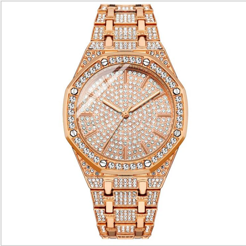 Часы с бриллиантами в стиле хип-хоп, мужские часы из нержавеющей стали розового золота, мужские кварцевые наручные часы, женские водонепроницаемые Relogio Masculino xfcs, подарок