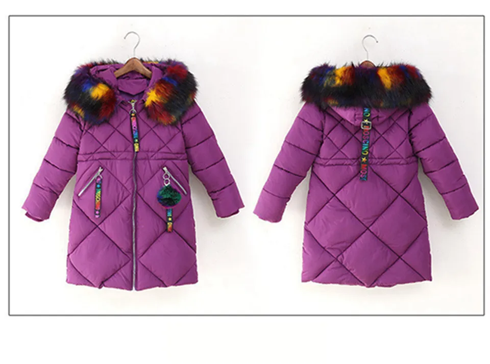 Зимняя Детская куртка для девочек, плотное длинное теплое пальто детская модная яркая верхняя одежда с меховым воротником для девочек детские зимние парки