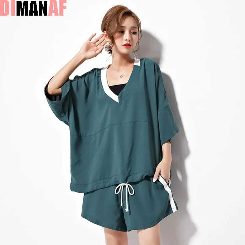 

DIMANAF Summer Style T-Shirt Suit Women Big Size Cotton Loose Female V-Neck Batwing Fashion Casual Striped Print Black T-Shirt