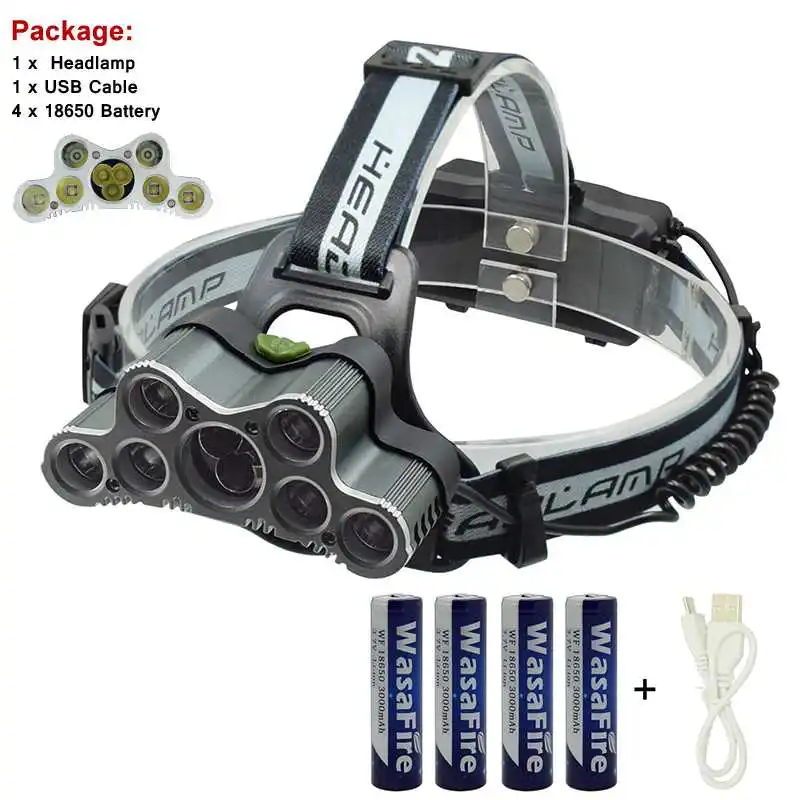 

WasaFire 18650 Head Torch 9 Led Headlamp For Camping Hunting 7* T6 + 2*XPE Q5 Head Lamp Led Headlight With 4 * 18650 Battery