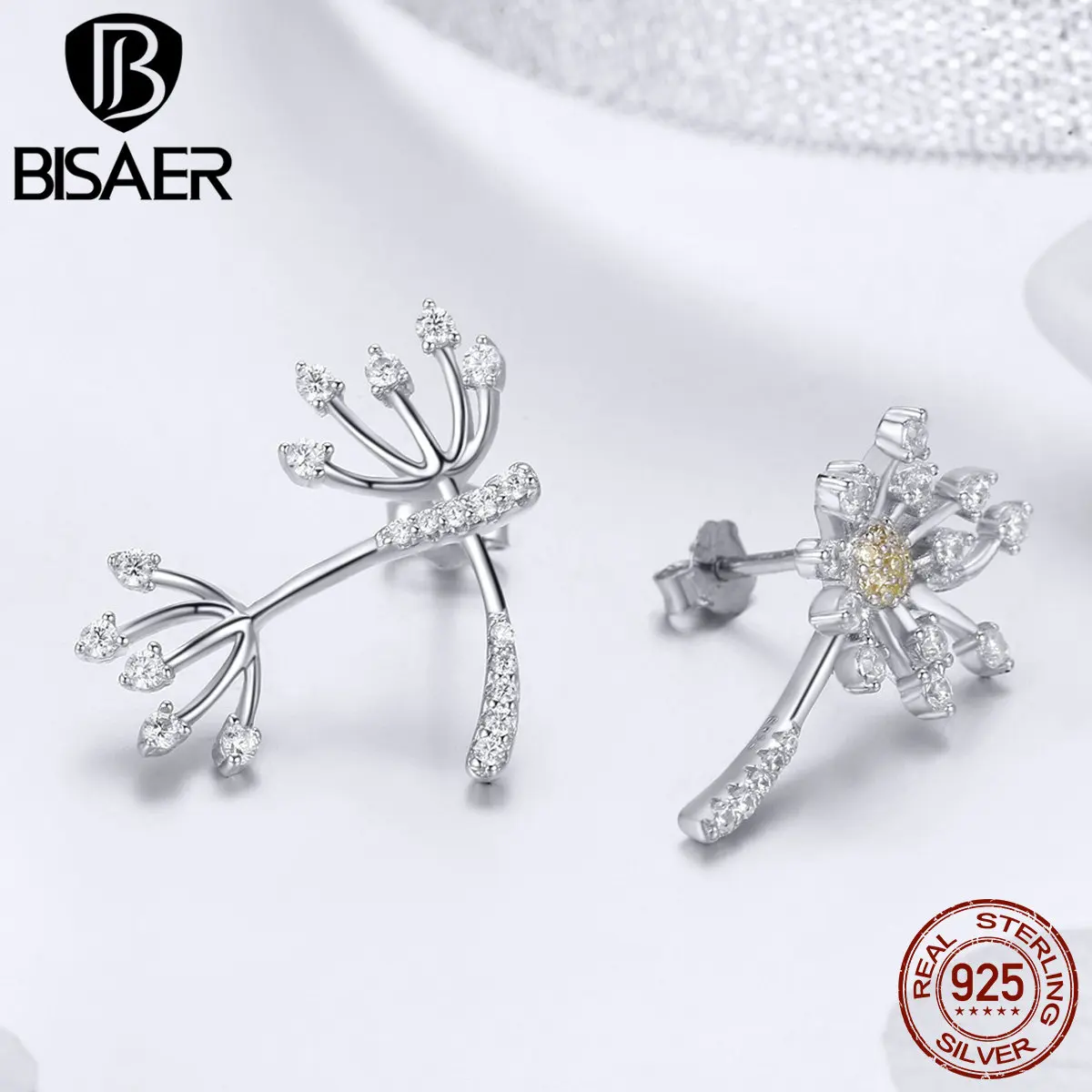 

BISAER 100% Pure 925 Sterling Silver Plant Clear CZ Dandelion Stud Earrings for Women Wedding Jewelry Luxury Gifts GXE506