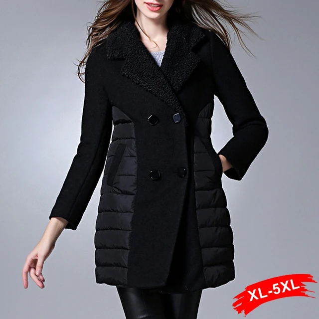 Cheap Winter Fur Collar Office Lady Cotton Down Jacket Patchwork Wool Double Breasted Blazer 3XL XL 5xl Plus size Warm Down Parka Coat