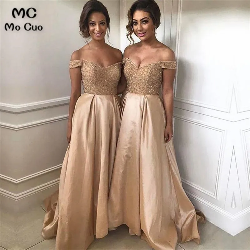 Gold Sequins Beads V Neck Long Satin Bridesmaid Dresses 2017