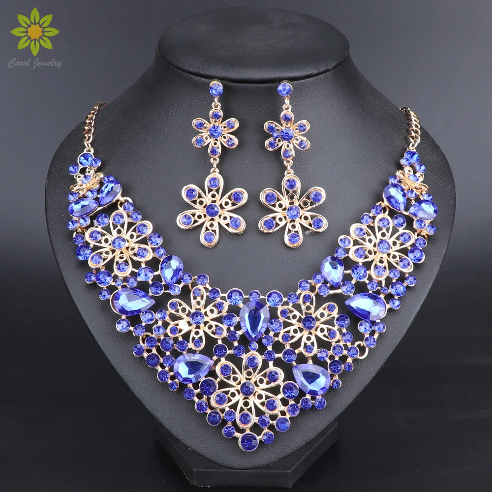 

Fashion Blue Crystal Jewelry Sets Bridal Necklace Earrings Sets Wedding Party Jewelry Costume Jewellery Decorations Wholesale