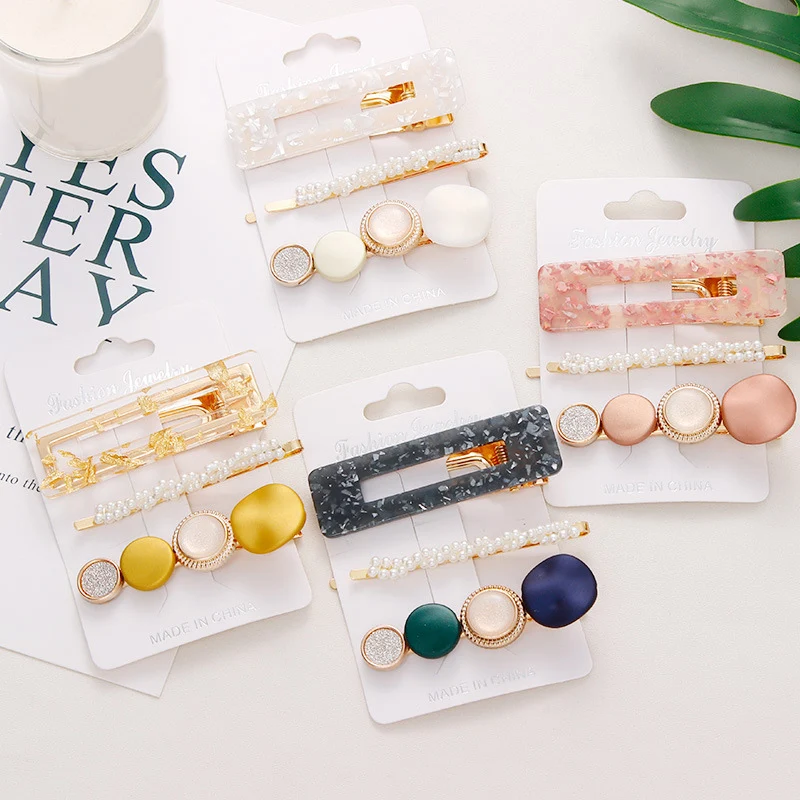 

Korean Style Pearls Fashion Elegant Tin Women Hair Clips 3Pcs/set Geometric Sweet Girls Jewelry set