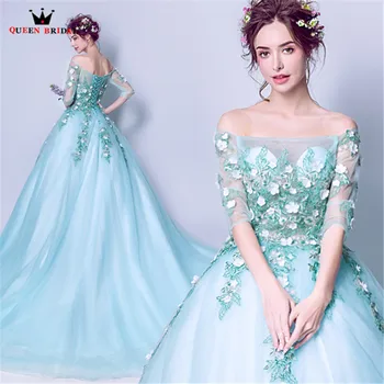 

QUEEN BRIDAL Evening Dresses Ball Gown Half Sleeve Fluffy 3D Flowers Blue Romantic Long Evening Gowns 2020 Vestido De Festa LS65