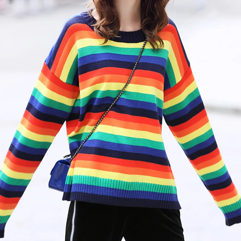 Loose Rainbow Striped Sweater 2018 Autumn Winter Contrast Colors Oversized Sweaters Womens O-neck Knitted Pullovers Top | Женская одежда