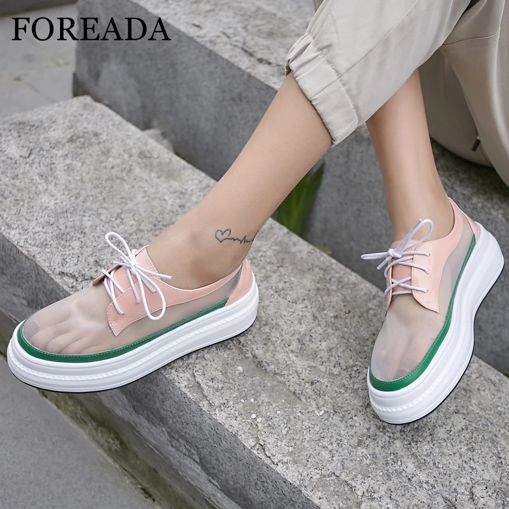 

FOREADA Women Shoes Autumn Flats Natural Genuine Leather Mesh Flat Platform Shoes Mixed Colors Lace Up Shoes Ladies Pink Size 40