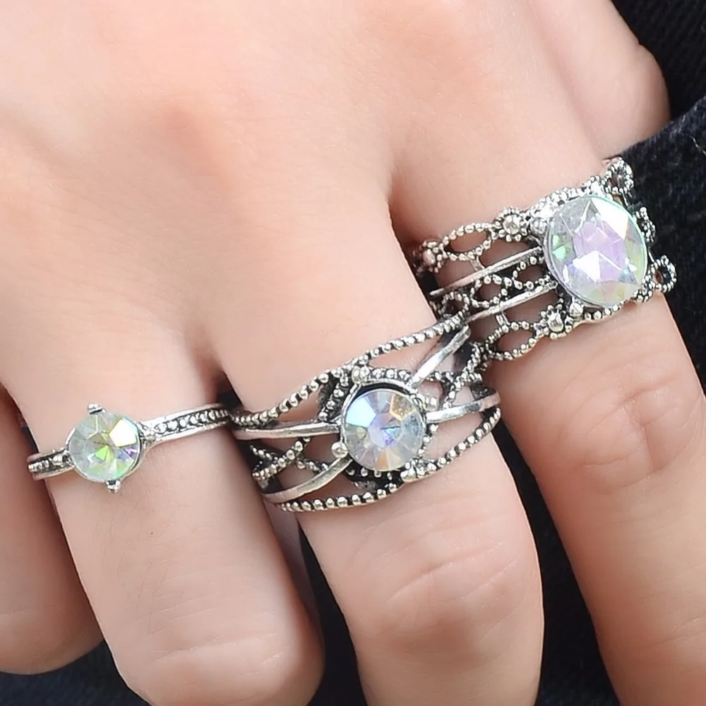 Vintage Antique Silver Hollowed Geometric Gem Stone Round Oval Crystal