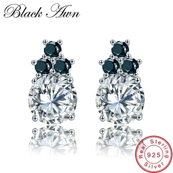 

[BLACK AWN] Vintage 2.8g 925 Sterling Silver Fine Jewelry Natural Black Spinel Round Wedding Stud Earrings for Women T131