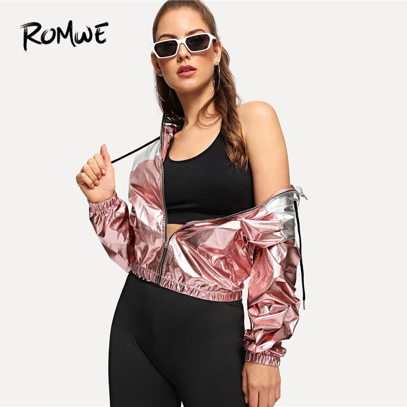 ROMWE двухцветная металлическая куртка с капюшоном Glamorous Drawstring Colorblock пальто и куртки женские Swish Zip Up hoodie jacket