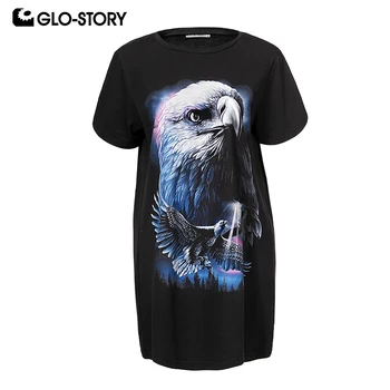 

GLO-STORY European Style Women Causal 3D Animal Eagle Loose Long T-Shirts Gothic Tops Female 2019 Summer New Arrivals WPO-8133