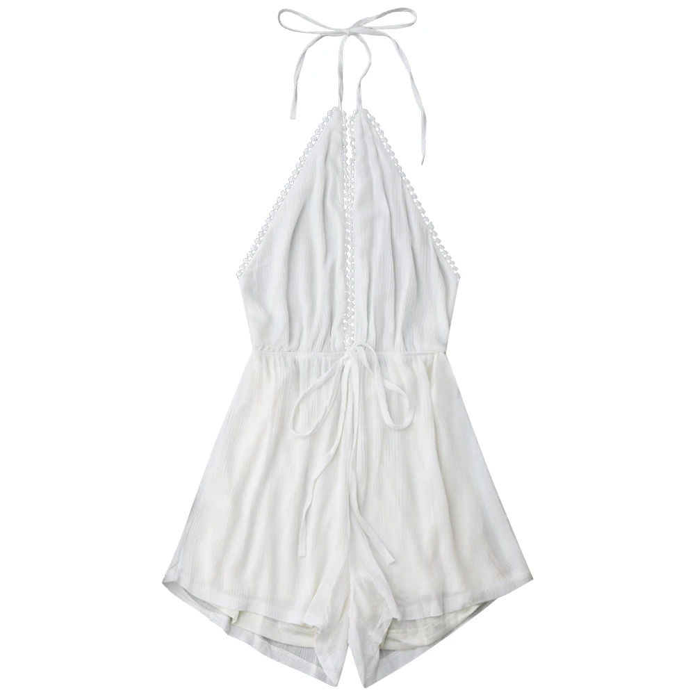 

ZAFUL New Halter Plunge Drawstring Linen Romper Wome Plunge Romper Halter Romper Beach swimwear cover ups for women