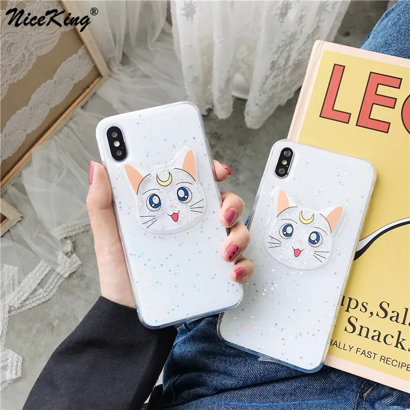 

Cute Cartoon Liquid Quicksand Luna Cat Case For iPhone X XR XS Max 7 8 6 6s Plus Epoxy Gilitter Silicone Back Phone Case Cover