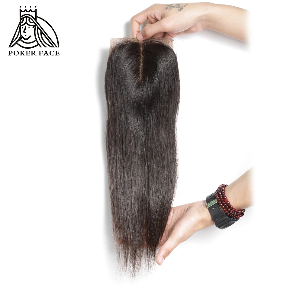 

Poker Face Straight Silk Base Closure Remy Malaysia Human Hair Bleached Knots Middle Part 4x4 Swiss Lace Closure 10-18inch