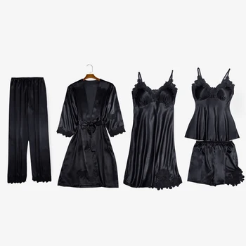 

Women 5 Pieces Pajamas Sets Rayon Satin Silk Striped Pajamas Women Sexy Lace Robe Pajamas Sleepwear Sets Sleeveless Nightwear