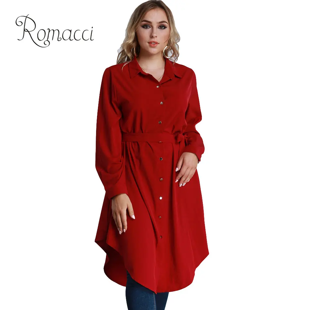 Tanie Romacci 4XL 5XL 6XL Plus Rozmiar Koszula Sukienka Kobiety Z Długim Rękawem Popędzający Długi Shirt Solidna Casual Tunika nieregularne Hem Długa Bluzka Bluzki