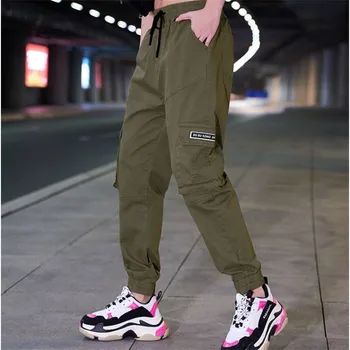 

Fashion 2019 Spring Women Clothing Straight Overalls Casual Harem Pants Korean Elastic Waist Triangle Buckle Cargo Pants Girls
