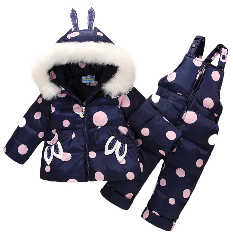 

Baby Girl Boys Winter Coat Snowsuit Toddler Girls Winter Outfits Clothes For Infant Snow Wear Bib pants+coat Dot Hoodies Jacket