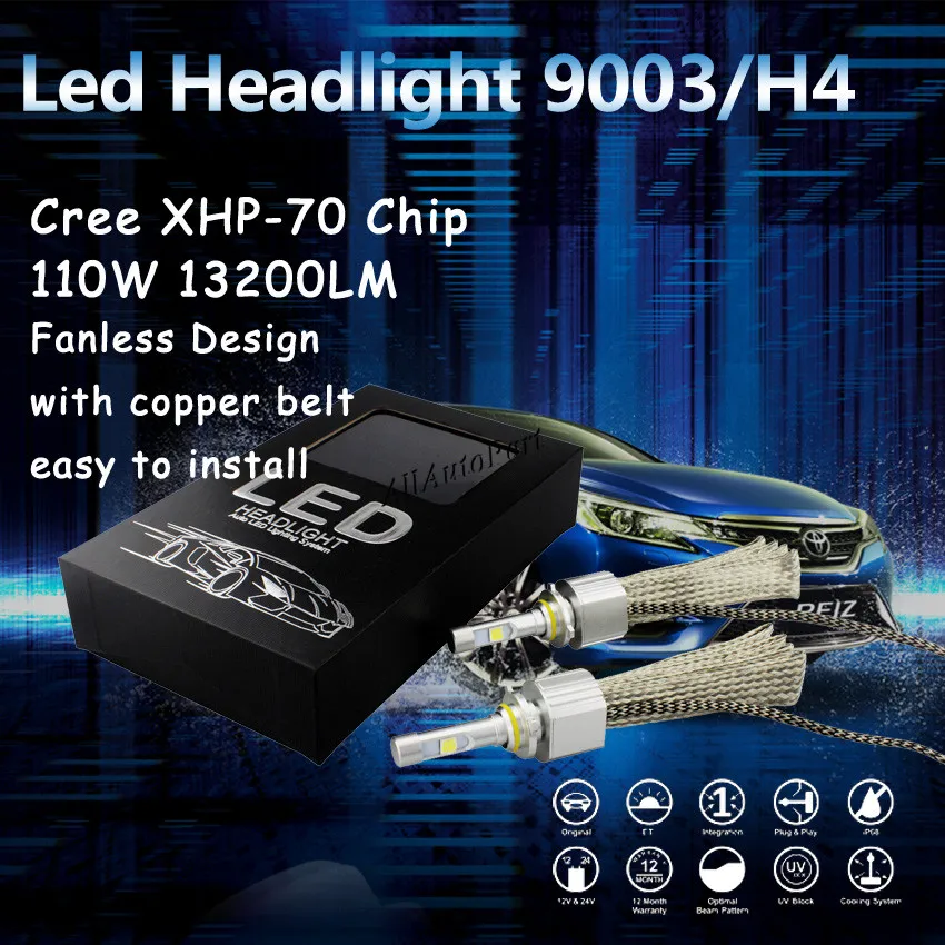 

Good heat dissipation fanless H4 led headlight C ree XHP 70 LED chips 55W 6600LM bulb 9012 H7 H11 9005 9006 H13 9007 9004