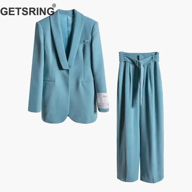 

GETSRING Women's Sets Long Sleeve Single Button Suit Blazer With Pleated Long Trousers Two Piece Set Elegant Womens Trouser Suit