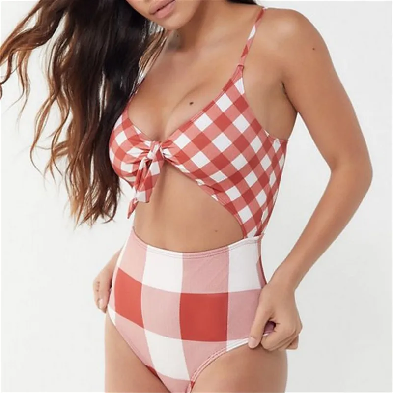 Women High Waist Knot Bikini 2019 Plaid Swimsuit One Piece Push Up 