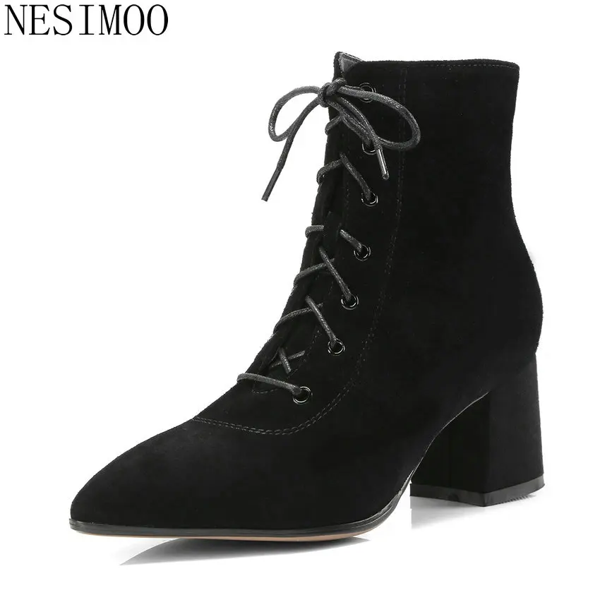 

NESIMOO 2019 Women Ankle Boots Pointed Toe Elegant Square High Heel Women Boots Women Shoes All Match Women Shoes Size 34-39