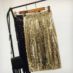 Украшенные блестками юбка-карандаш эластичный пояс Для женщин Bodycon Высокая талия юбка Feminino сверкающими нарядные юбки корейский стиль юбка