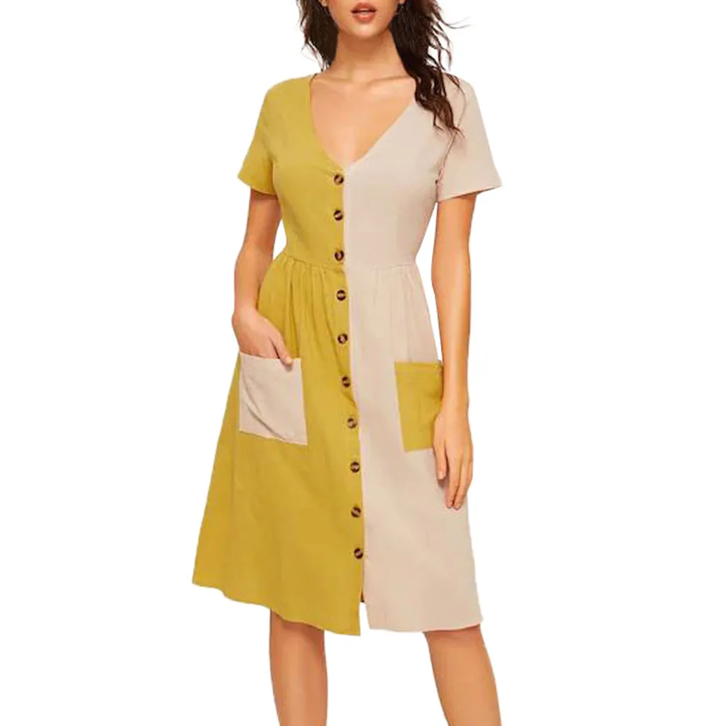 

2019 Summer Women Beach Dress Sundress Fashion Yellow Pockets V Neck Sleeveless Dress Evening Party Dress L621