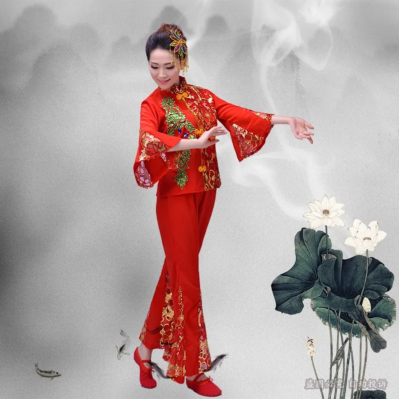 New autumn red old fan dance Chinese folk dance yangko dance clothing female stage costumes classical traditional dance