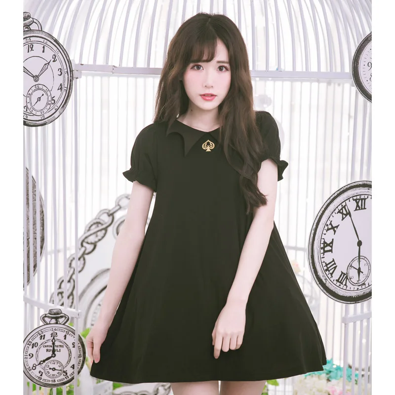

Dolly Delly Harajuku Style Short Sleeve Bat Design Collar Loose Summer Dress with Poker Jack Print