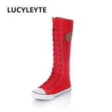 Г. Новые Модные женские парусиновые ботинки, 3 цвета высокие сапоги до колена на шнуровке и молнии обувь на плоской подошве повседневная обувь в стиле панк для девушек