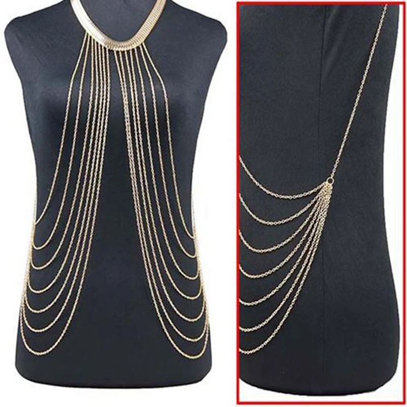 Fashion Body Neckalces Chain Women Sexy Collar Choker Gold Body Jewelry Gothic Big body Necklace Multilayer Party Jewelry