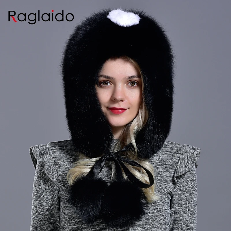 womens winter hats and caps natural fur fox hat with tails 2 balls fluffy fur elegant fashionable stylish warm hat with earflaps