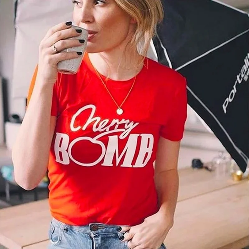 Womens T-shirts Cherry Bomb Letter Printed Round Neck Short Sleeve Cotton T Shirt funny graphic red passion tumblr tee art tops | Женская