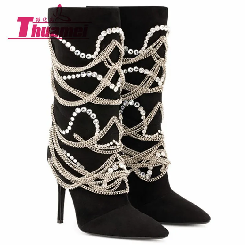 

High Heels Motorcycle Chain Women's Fashion Mid-Calf Autumn Winter Women Boots Shoes Woman Best Black #W003621G