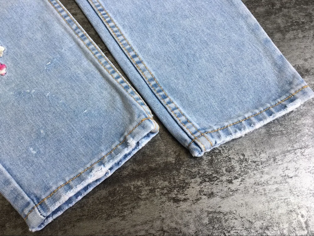 2017 Europe and the United States women's 3D three-dimensional heavy craft bird flowers front and rear side embroidery high waist straight irregular wear jeans (22)