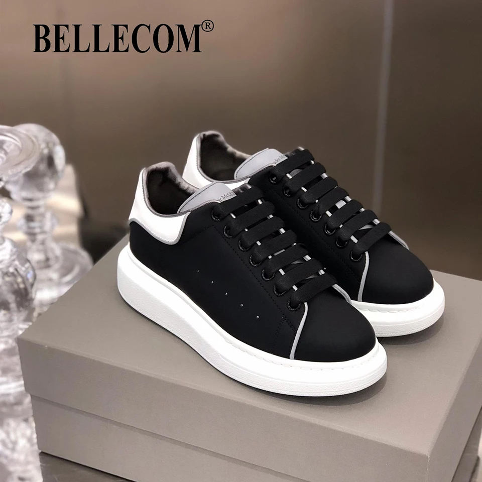 

BELLECOM 2019 Autumn New Women's Small White Shoes Leather Breathable Muffin Shoes Thick-soled Lace Sports Shoes