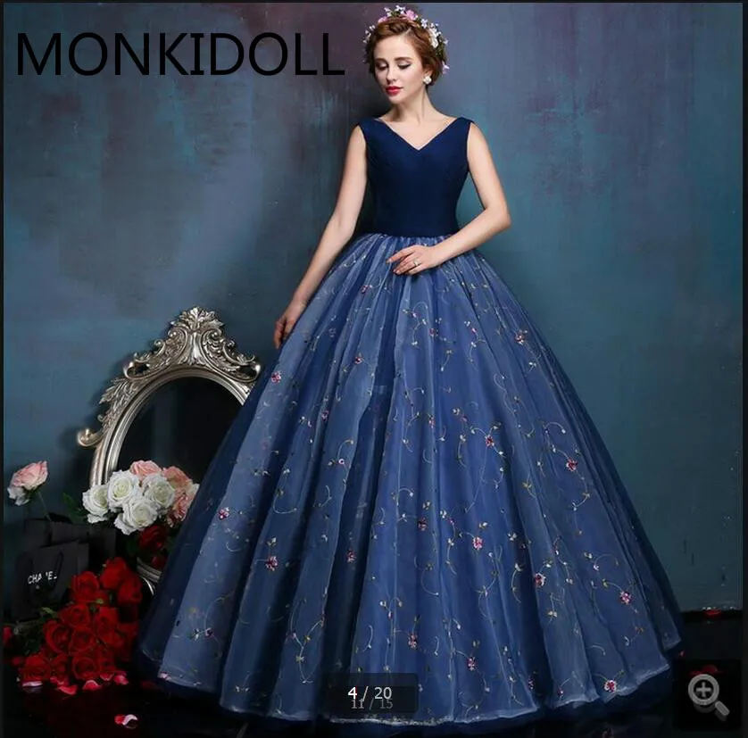 

Vestido De Novia navy blue lace ball gown prom dress sleeveless v neck princess puffy prom gowns best selling 2017