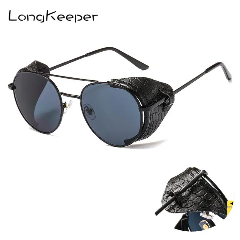 

LongKeeper Retro Steampunk Leather Shield Sunglasses Men Women Brand Designer Metal Sun glasses Vintage Eyewear Gafas UV400