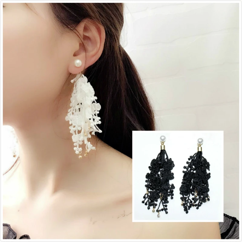 

2018 Lace Drop Crystal Earrings Fashion Jewelry Boucle D'oreille Long Tassel Simulated Pearls Earring For Women Dangle Brincos