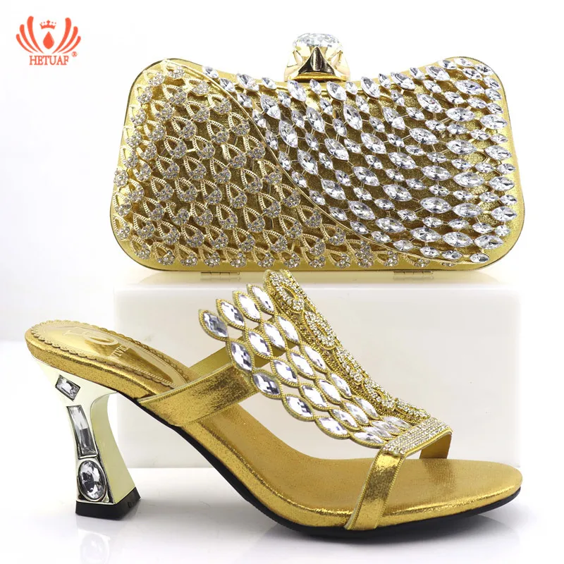 

Hot Sale Gold Wedding African Shoe and Bag Set Women Shoes and Bag Set Italian Shoes with Matching Bag Set Decorated with Stone