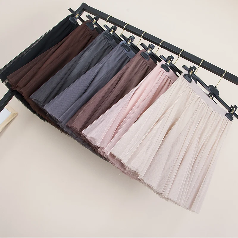 

Sweet Women's Summer Mesh a-line Short Skirt Pleated Mini Layered Tulle Skirts Beach Skirts Pink Coffee Gray