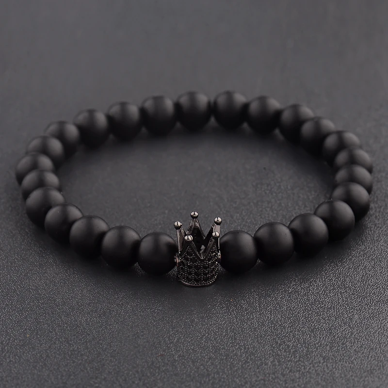 Amader дизайн пара браслетов ручной работы расстояние черный матовый и белый Cz корона король бусины из камня браслет влюбленных AB249