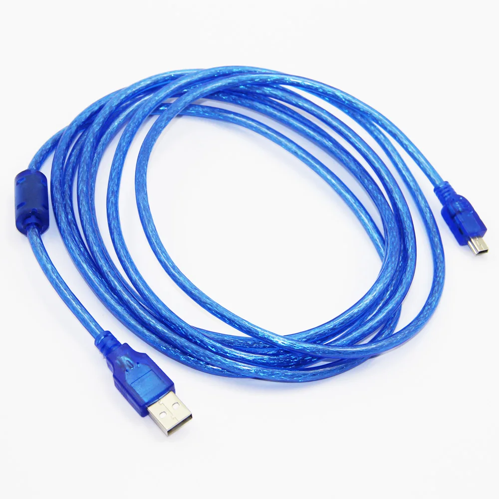 3m 10ft USB 2.0Type A Male to Mini 5P Male Mini 5P USB Cable M/M Double Shielding(Foil+Braided) Premium Quality Transparent Blue